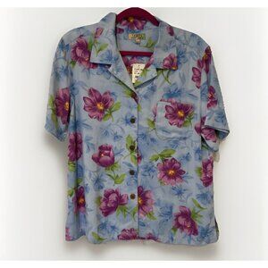 Tahiti Reef Club Womens Blouse L Blue Purple Hawaiian Floral Button Tropical NWT